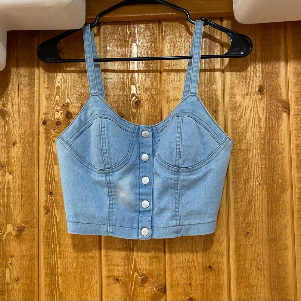 Y2K Forever 21 Blue Denim Cropped Festival Corset-Style Tank Top Size S